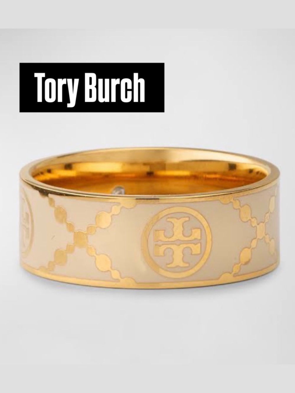 Tory Burch Cream Enamel Gold Tone Double T Logo Wide Band Ring Size 8 NWT